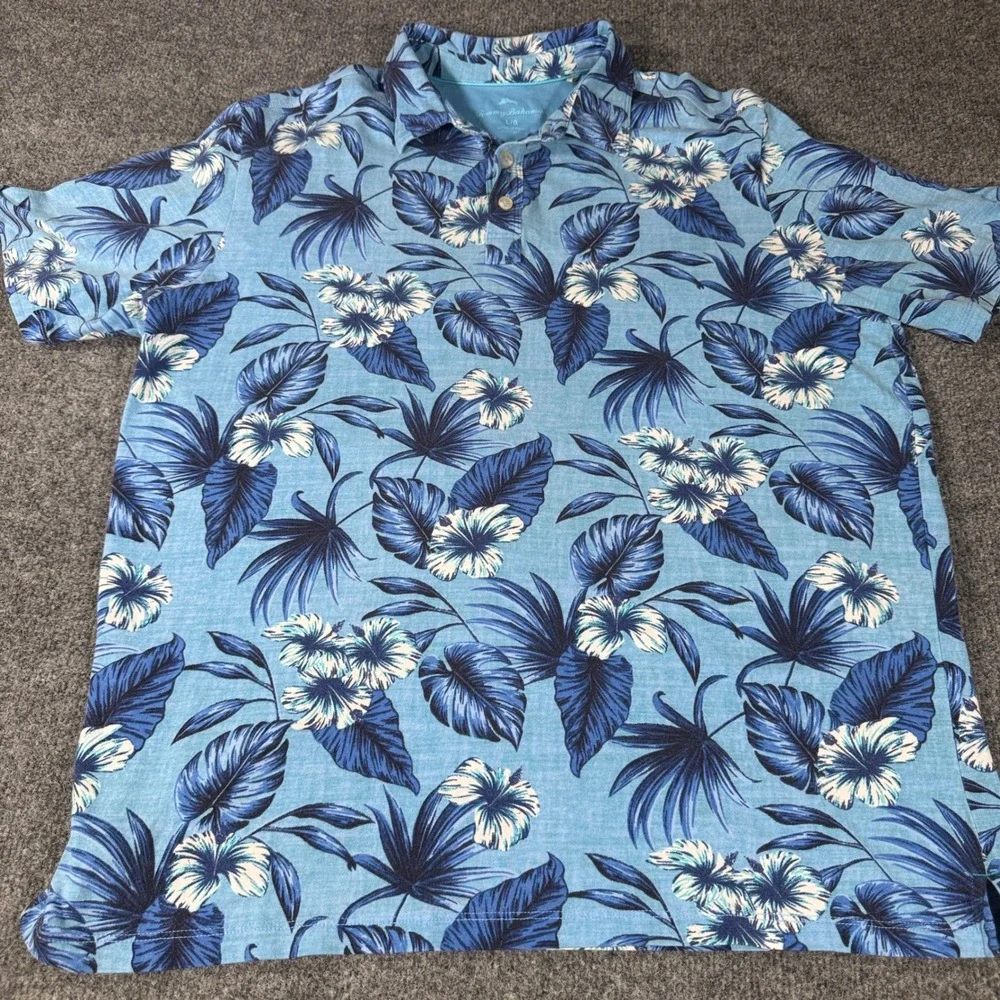Tommy Bahama Polo Shirt Mens Large L Blue Tropical Hibiscus Floral Stretch Polo